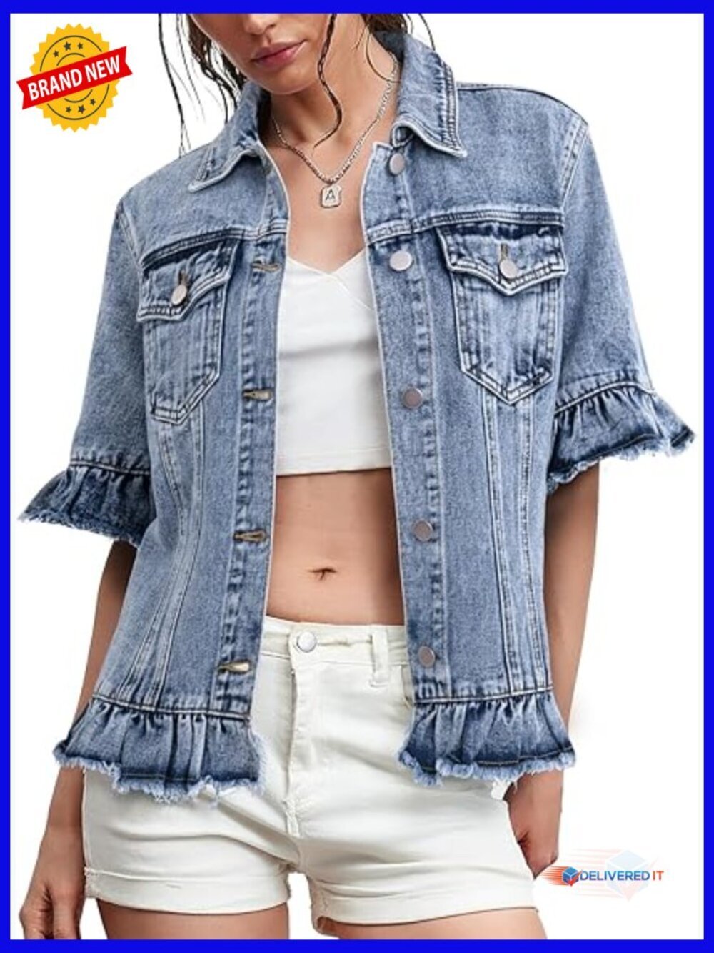 Short Sleeve Denim Jacket Lightweight Ruffle Hem Button Front